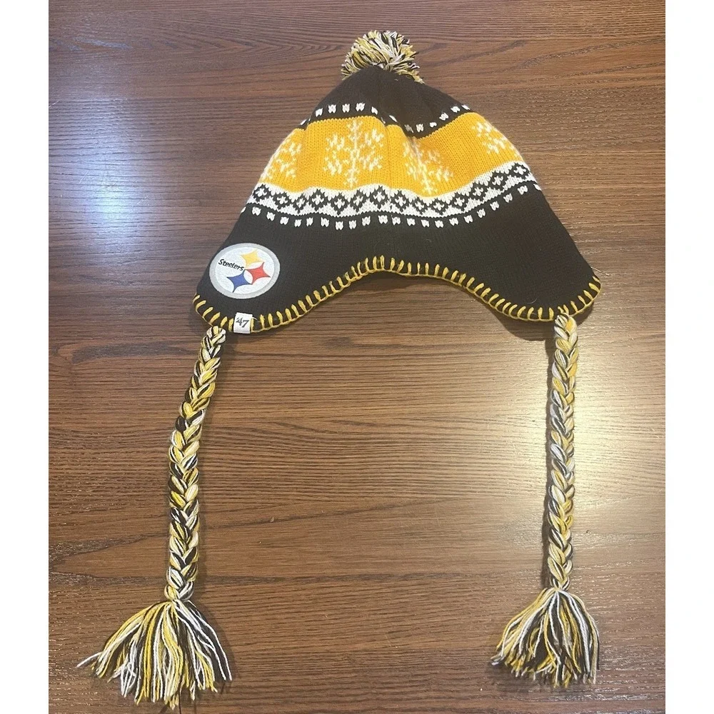 Pittsburgh Steelers Winter Hat Scarf Set NFL Ear Flap Beanie Logo 47 Brand Knit